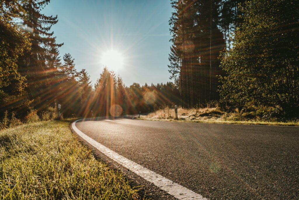 Oblique sunset light on a country road in mid-March
