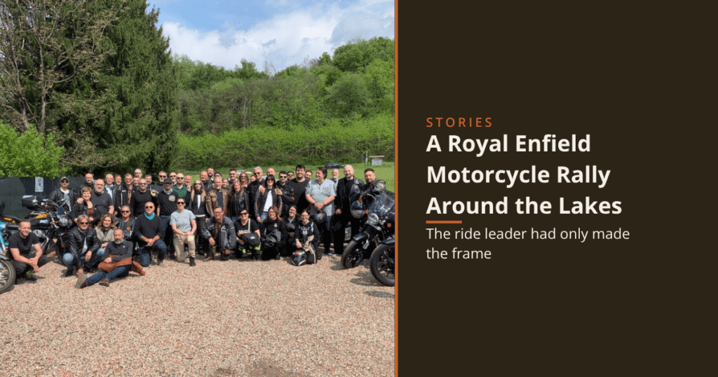 Group photo of the Royal Enfield Spring Starter 2026 motorcycle rally, fifty-four riders in Fornaci di Cunardo