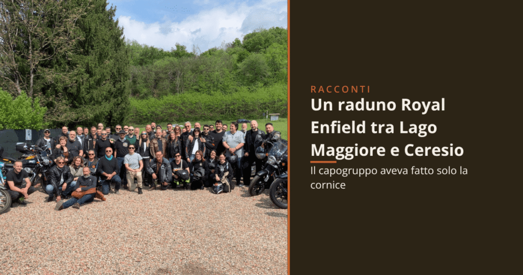Foto di gruppo del raduno Royal Enfield tra Lago Maggiore e Ceresio, 54 motociclisti riuniti