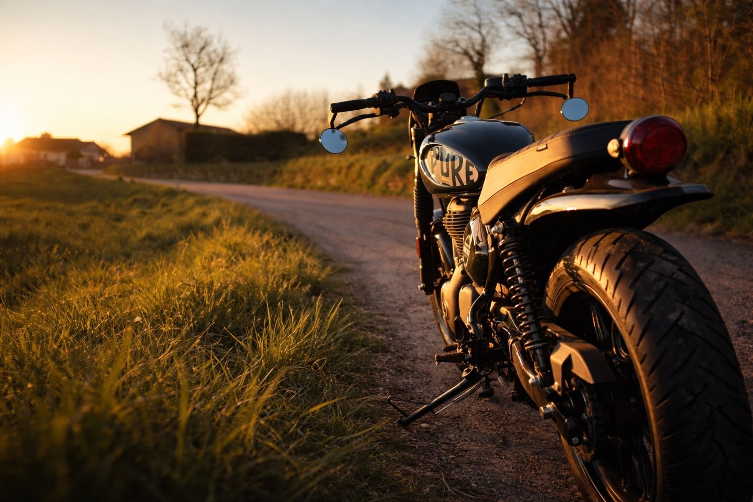 Royal Enfield at sunset on a countryside road, Casale Litta